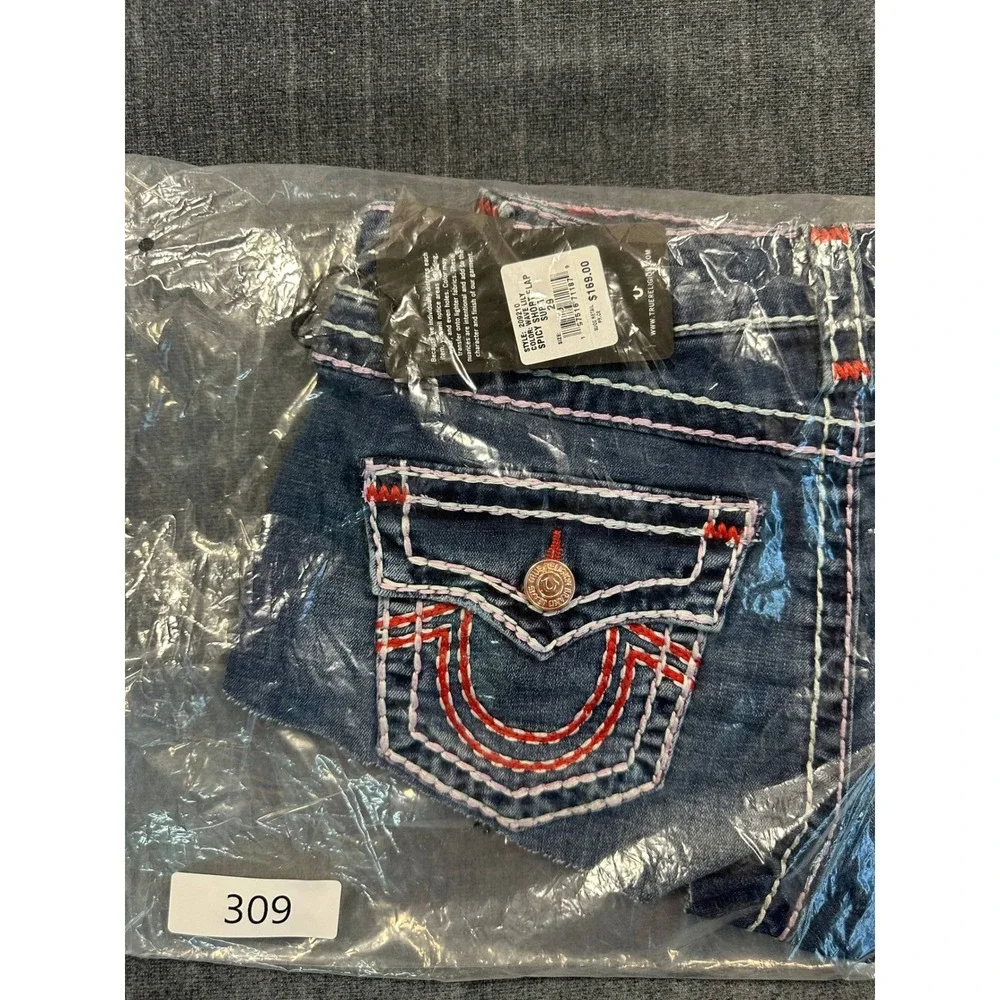 True Religion Spicy Short Flap Super T Denim Shorts Wave Lily Blue‎ W29 NEW